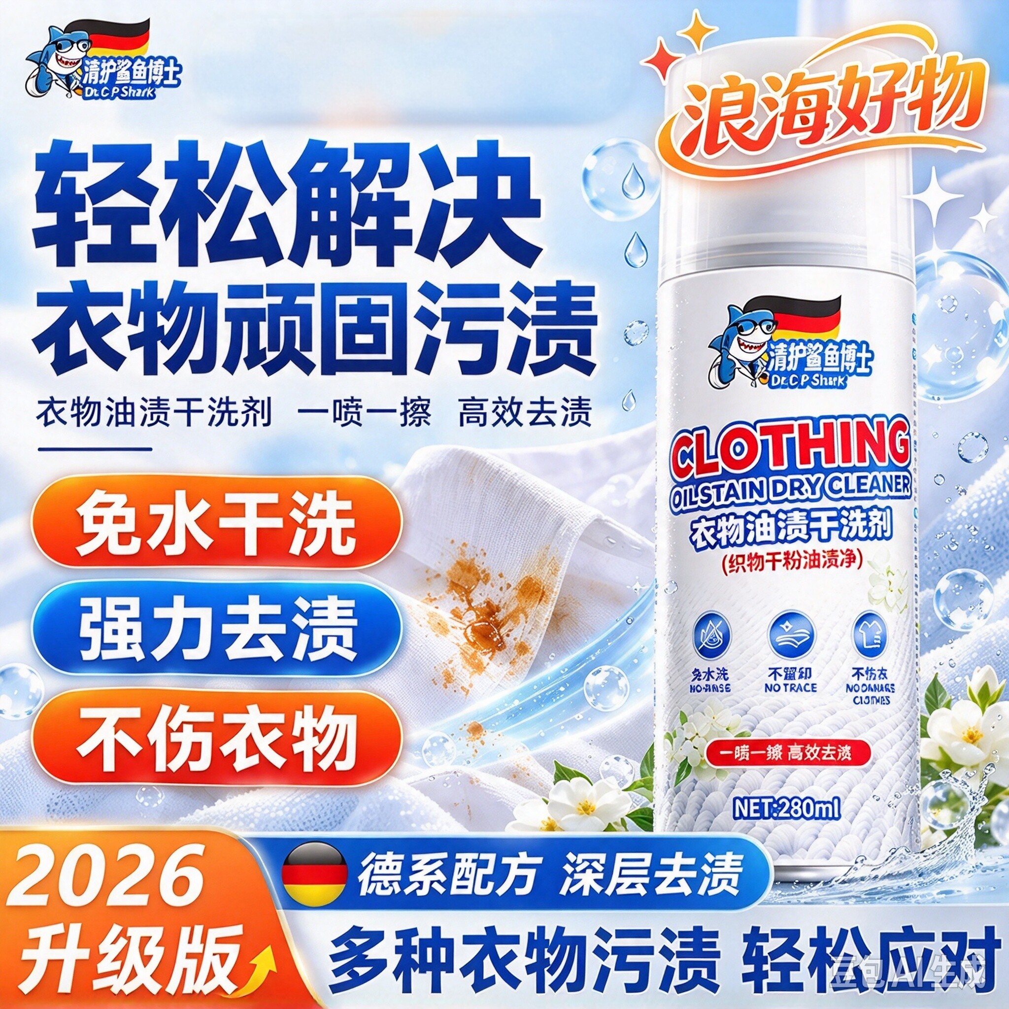 新款清护衣物油渍干洗剂干粉油渍净免水洗衣服局部去污渍喷剂RR