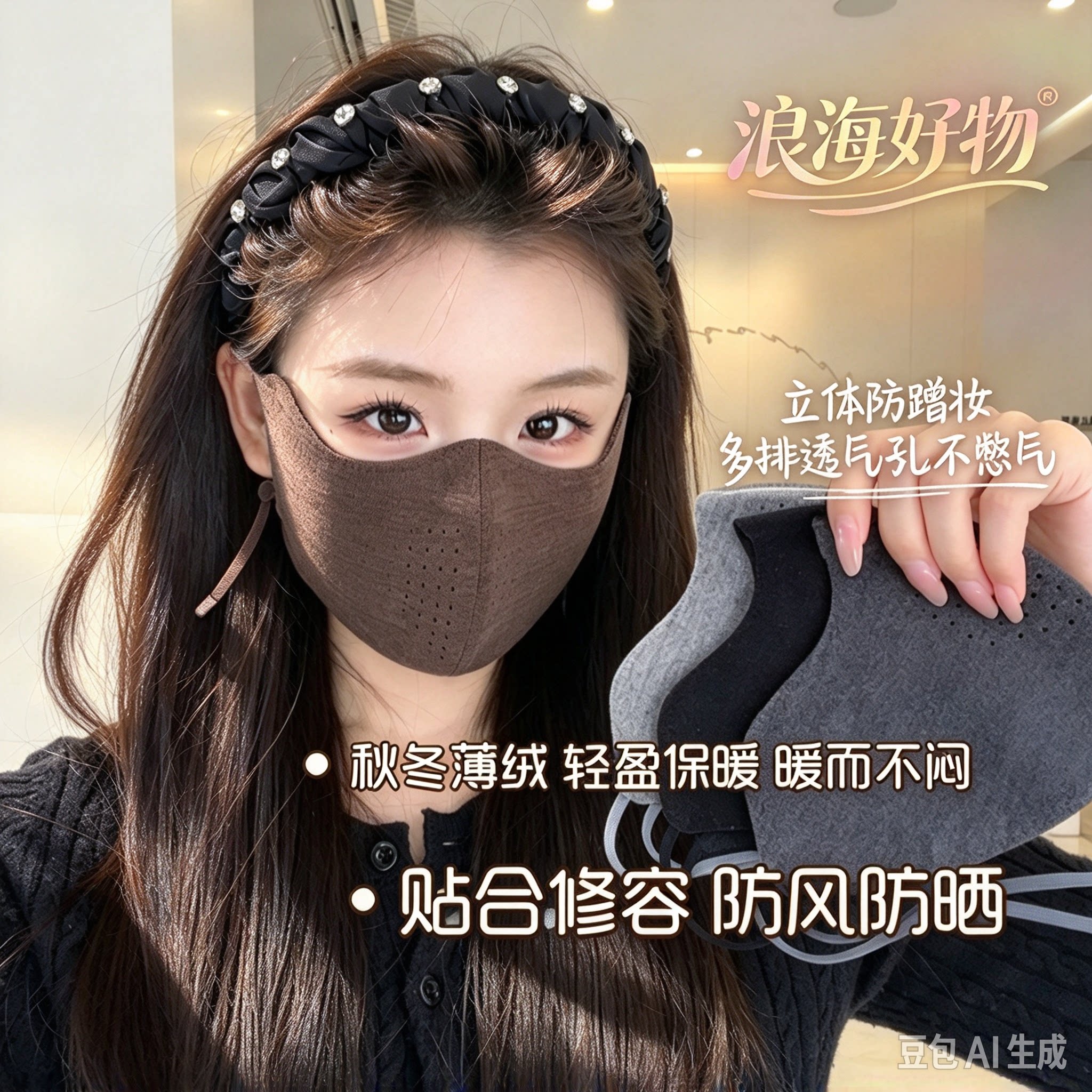 秋冬季薄绒保暖口罩鱼骨支撑立体防蹭妆无痕防风防寒保暖面罩RR