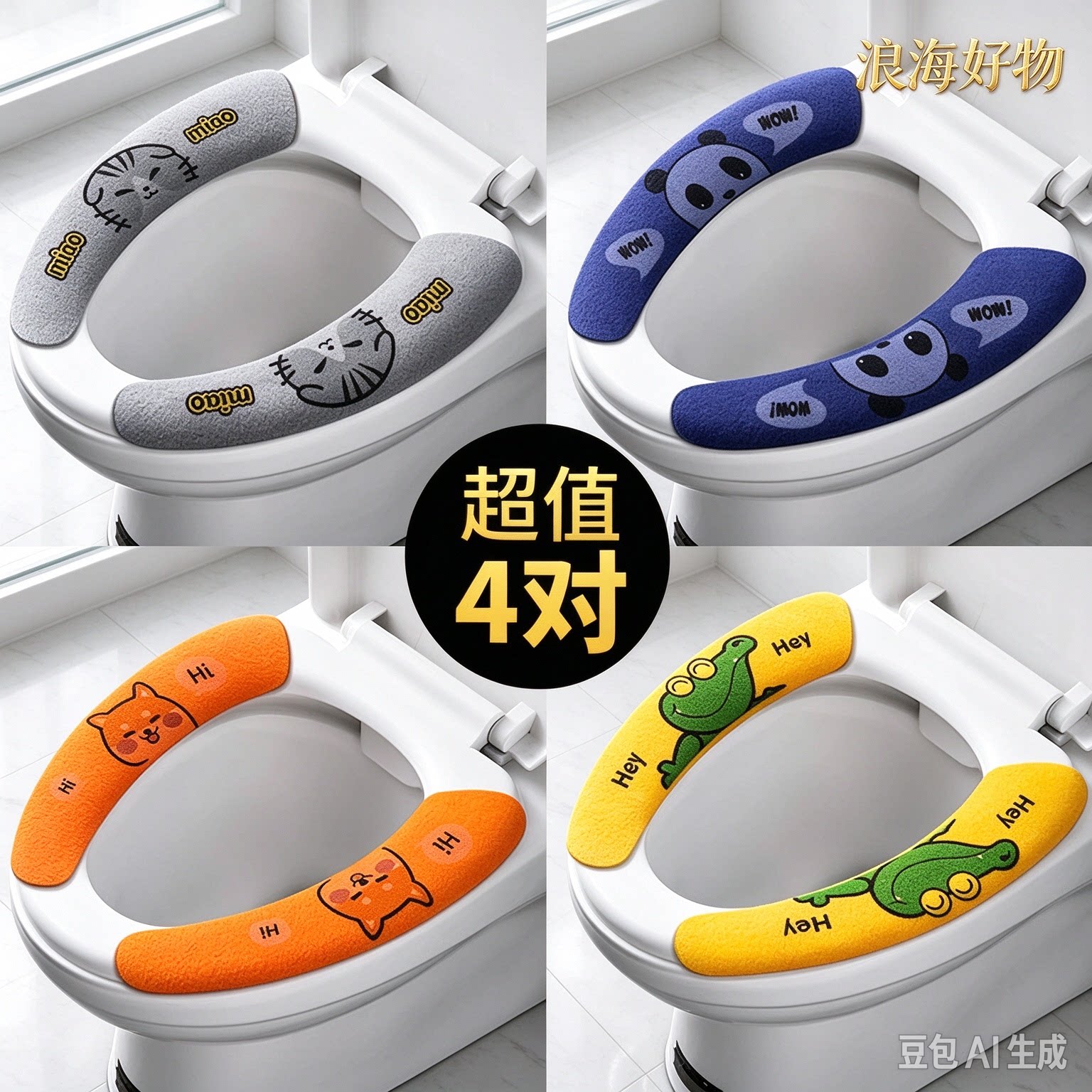 【拍1发4】静电吸附马桶贴四季通用可水洗加厚亲肤简约马桶贴HQ