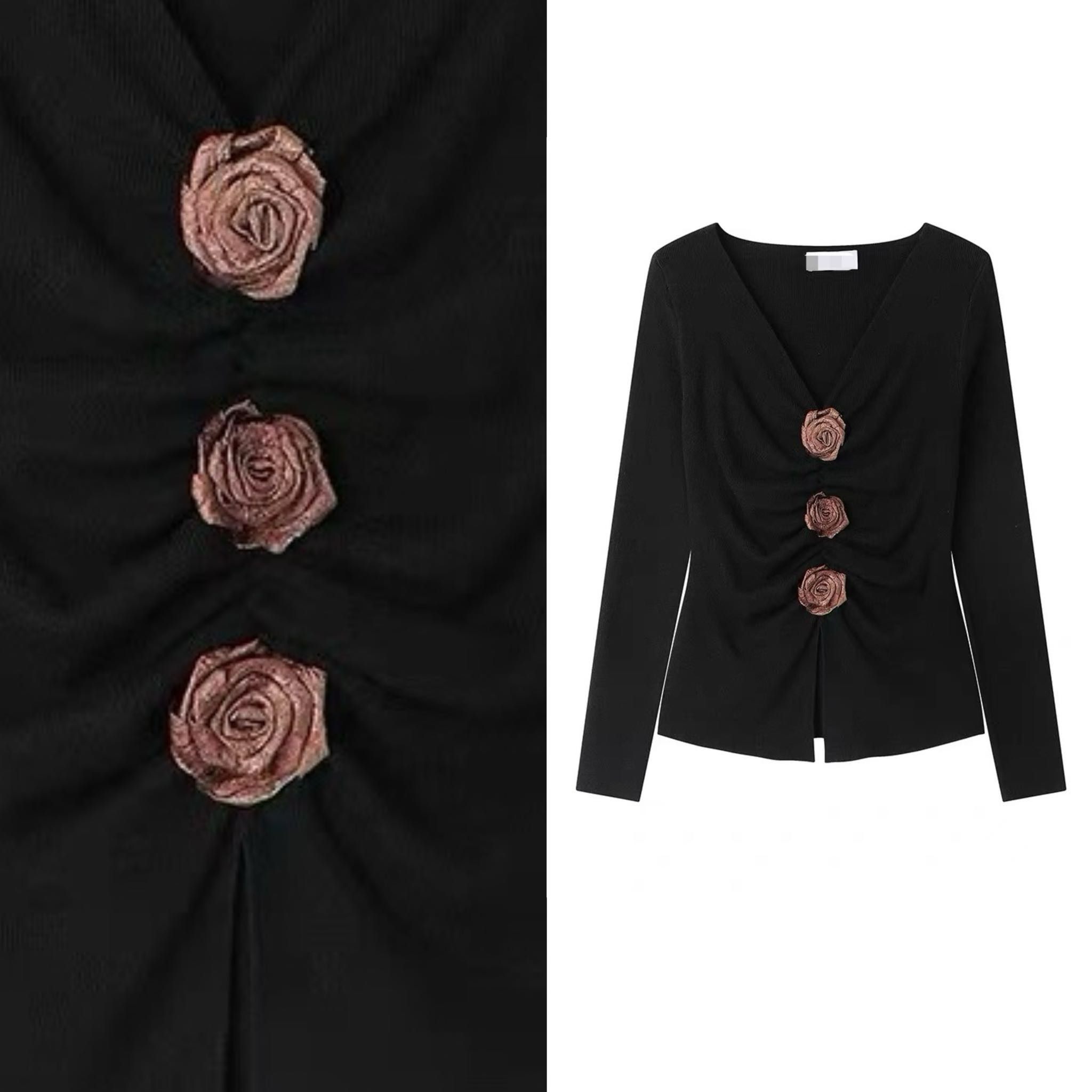 【爆米花专享】洋气减龄气质高级设计感立体花朵V领上衣显瘦内搭