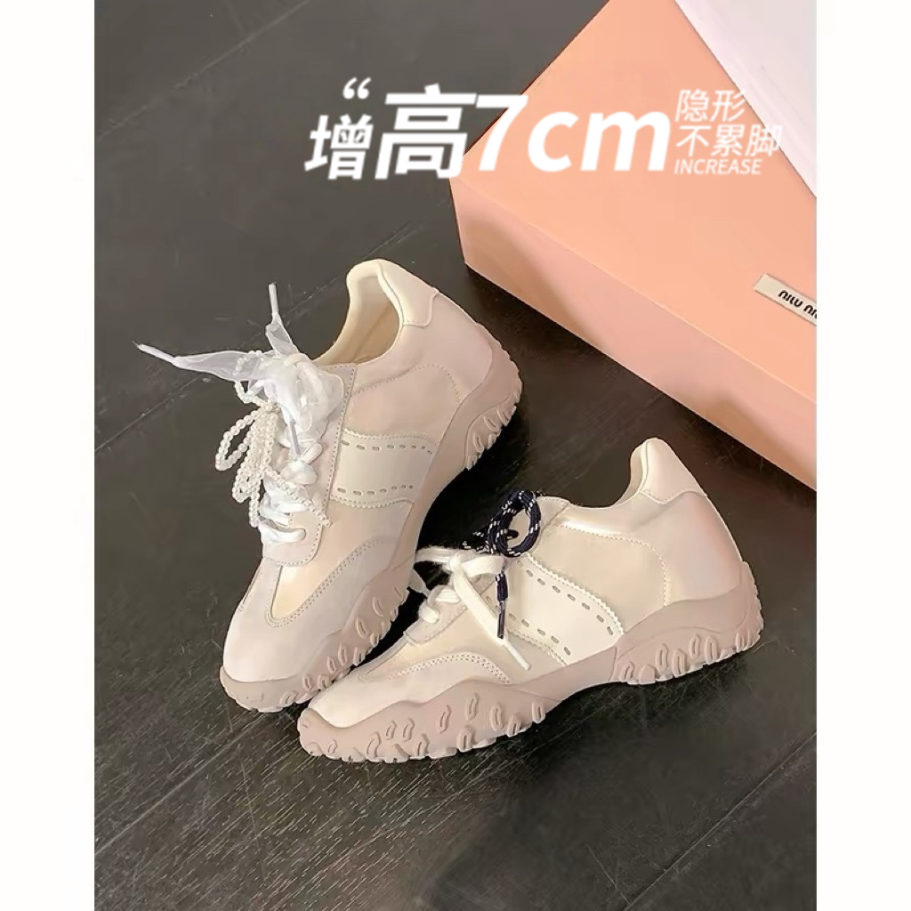 7cm小个子增高透气休闲鞋女丝光月牙珍珠蕾丝鞋带厚底系带德训鞋