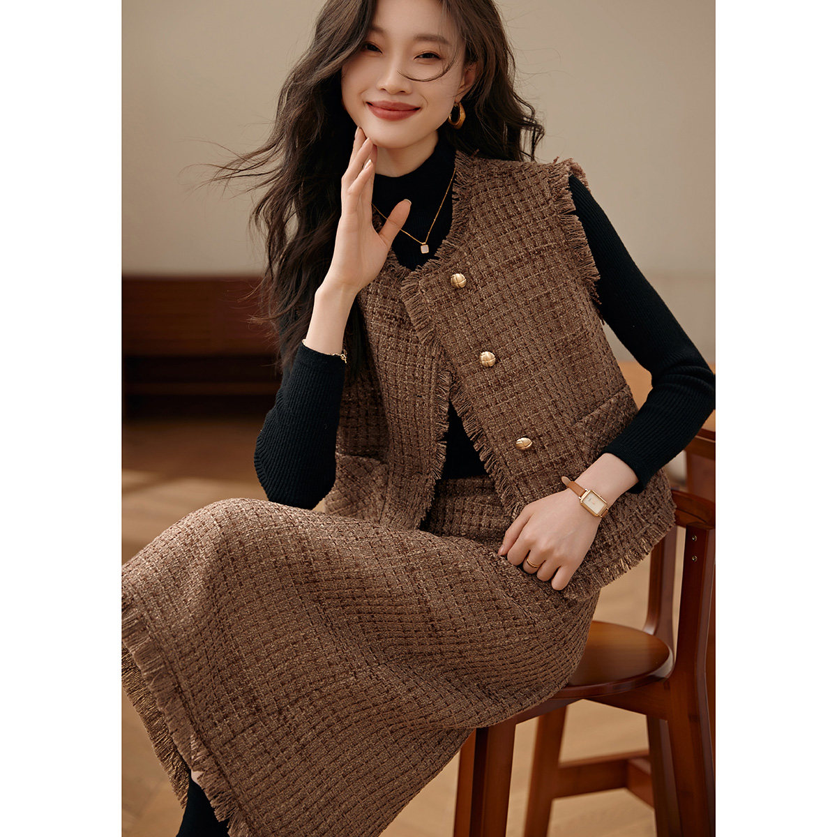 【玉米专享】小香风马甲半裙两件套冬小个子女通勤气质套装,女装/女士精品,时尚套装,淘宝优惠券,粉丝福利购,淘宝优惠卷