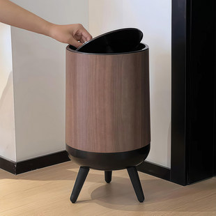 木纹高脚垃圾桶长腿家用带盖子大容量免弯腰中古风轻奢高级2026新