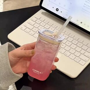 方形玻璃吸管杯果汁杯带盖子咖啡牛奶杯成人女生高颜值透明水杯夏