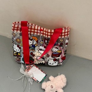 kitty透明手提包旅游游泳包防水通勤托特大包上班杂物单肩果冻包