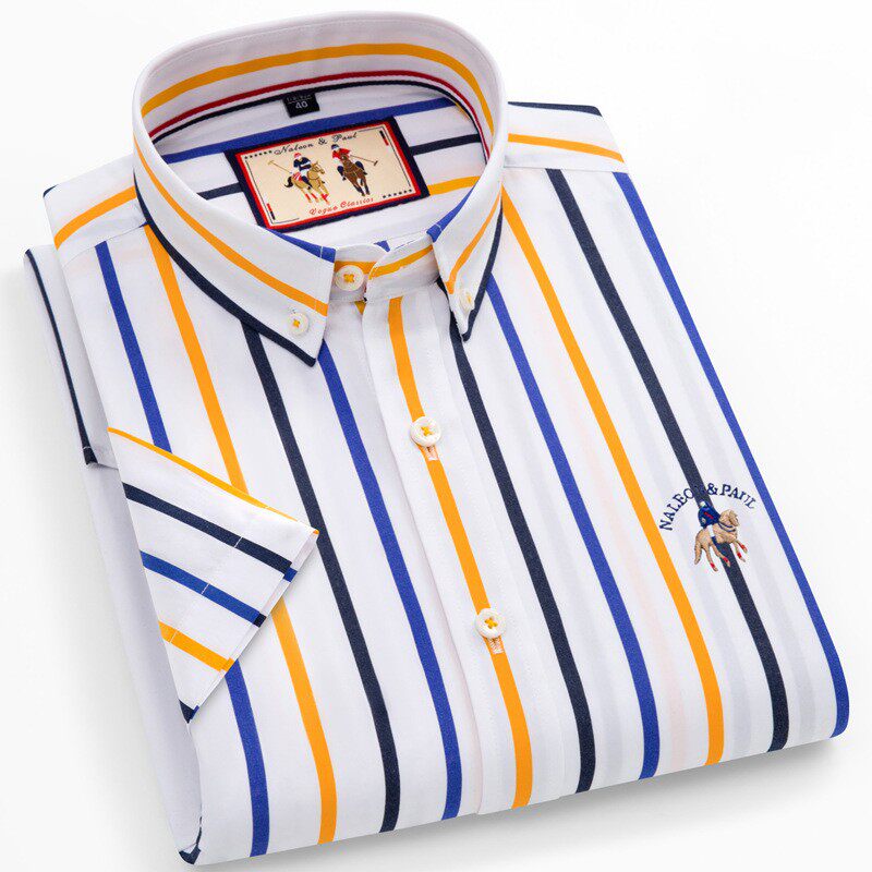 液氨免烫夏季保罗彩色条纹男士纯棉短袖衬衫休闲百搭半袖全棉衬衣