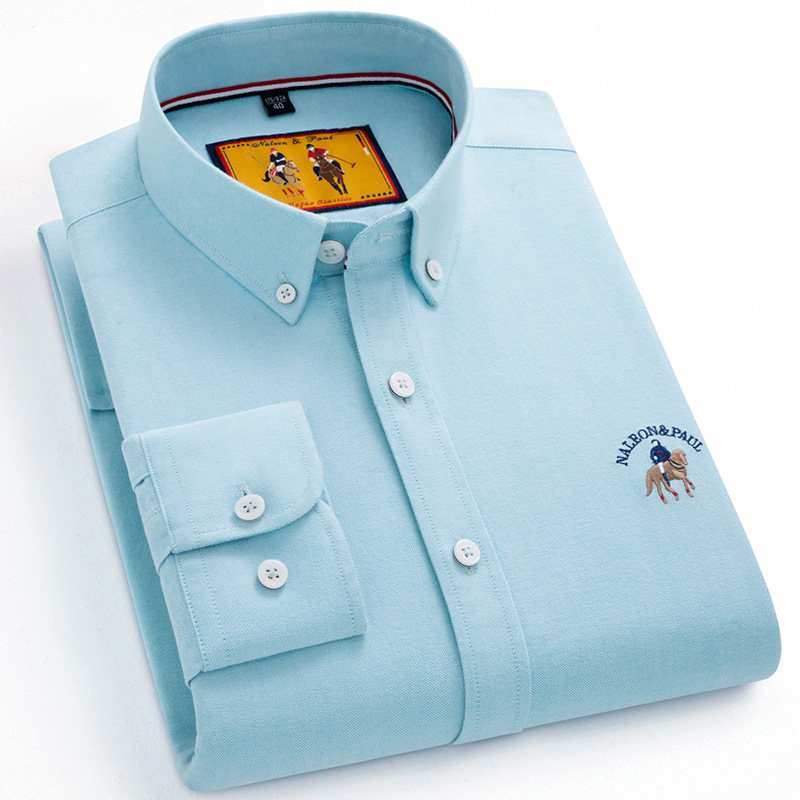 保罗牛津纺纯棉长袖衬衫男士中青年春秋磨毛百搭休闲纯色全棉衬衣