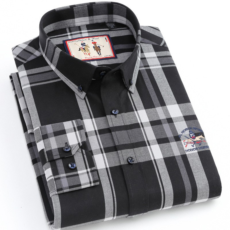 春季新款保罗格子衬衫男士纯棉长袖百搭商务中青年全棉休闲衬衣男