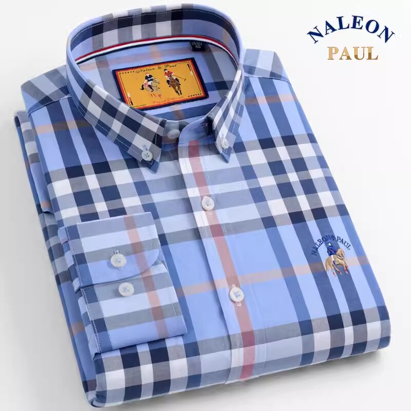 春秋新款保罗长袖格子衬衫男士纯棉百搭休闲衬衣格纹全棉男式上装