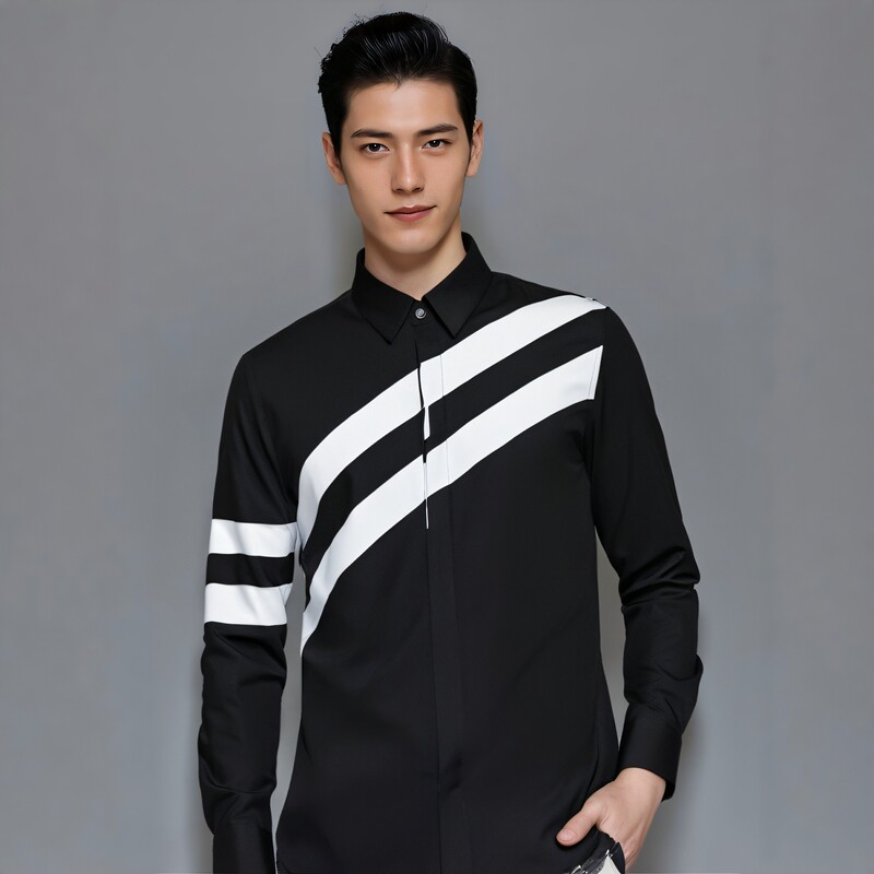 四季款黑白撞色潮流长袖衬衫男士修身百搭斜条纹拼接休闲男装衬衣
