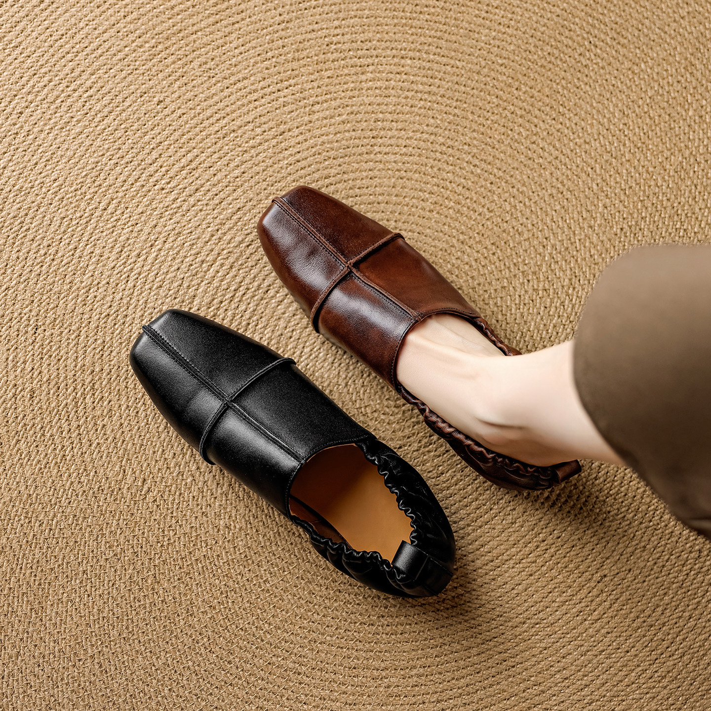 复古风头层牛皮方头深口单鞋女2026新款平底一脚蹬舒适软皮乐福鞋,女鞋,深口单鞋,淘宝优惠券,粉丝福利购,淘宝优惠卷