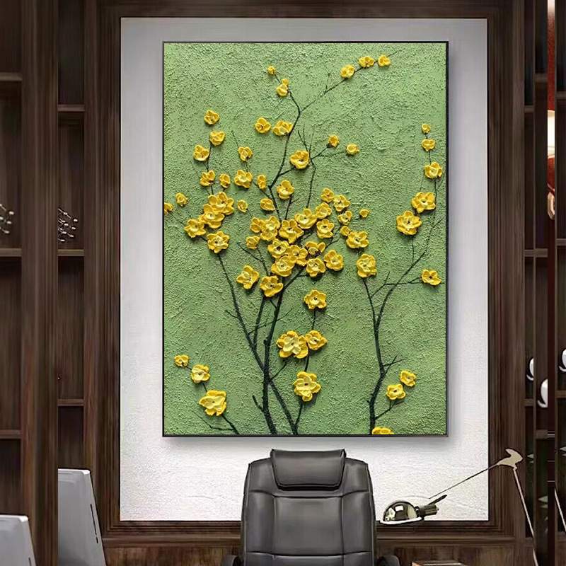手绘油画中古风客厅装饰画石英砂立体肌理画高档植物花卉玄关挂画图片