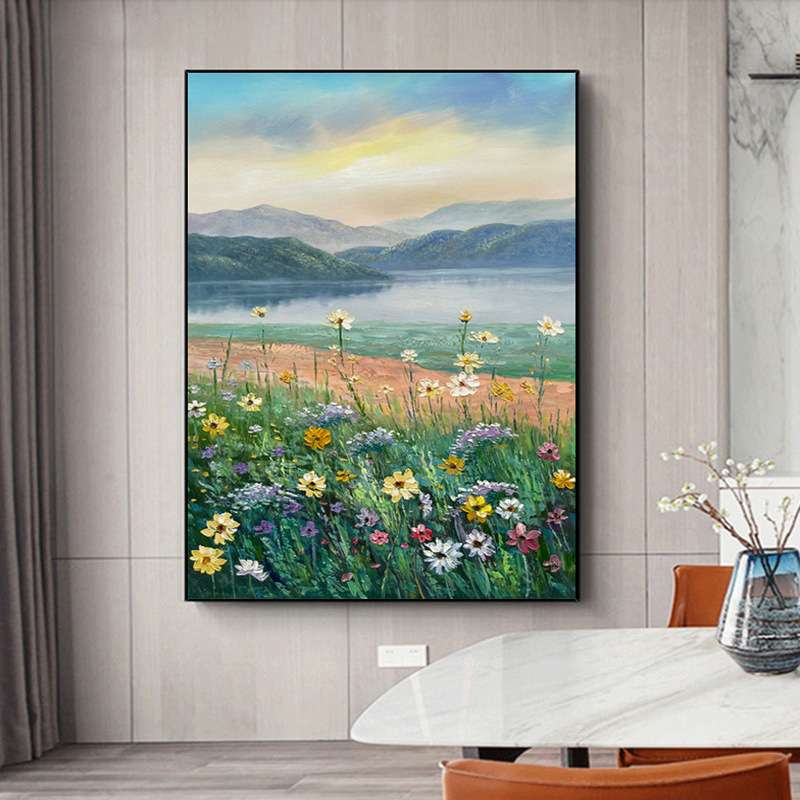 纯手绘风景油画客厅玄关壁画竖版大幅有框成品鲜花小清新北欧挂画