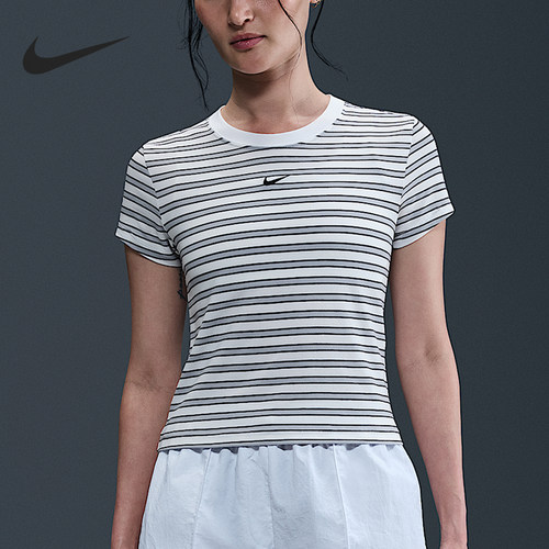 Nike/耐克正品2025女士运动条纹透气针织修身短袖HF9525-100
