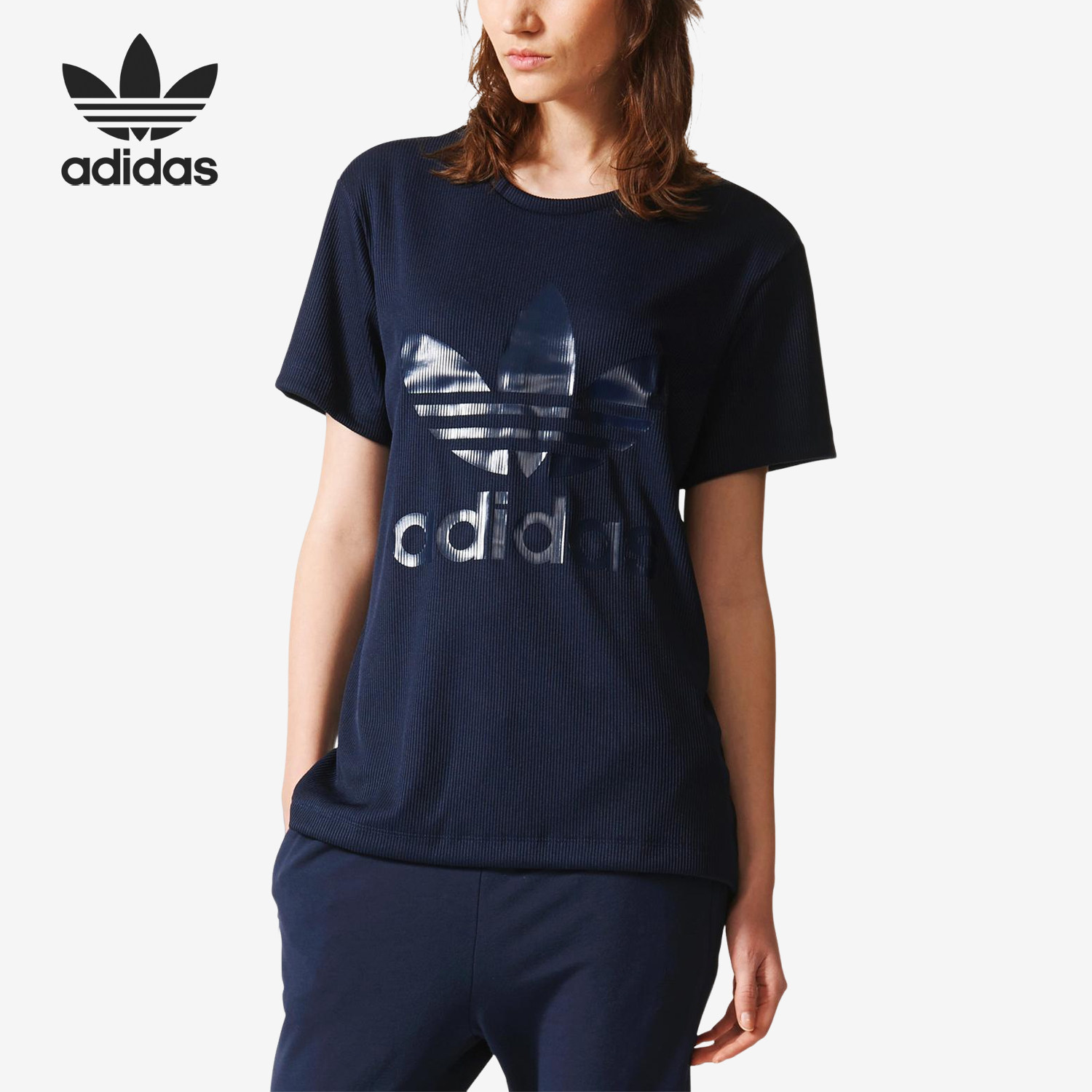 Adidas/阿迪达斯正品 秋季女子圆领大logo透气舒适短袖T恤 BR9378