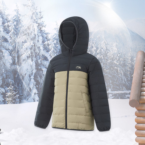 李宁正品运动生活系列男大童时尚拼接轻质保暖连帽羽绒服YYMU119