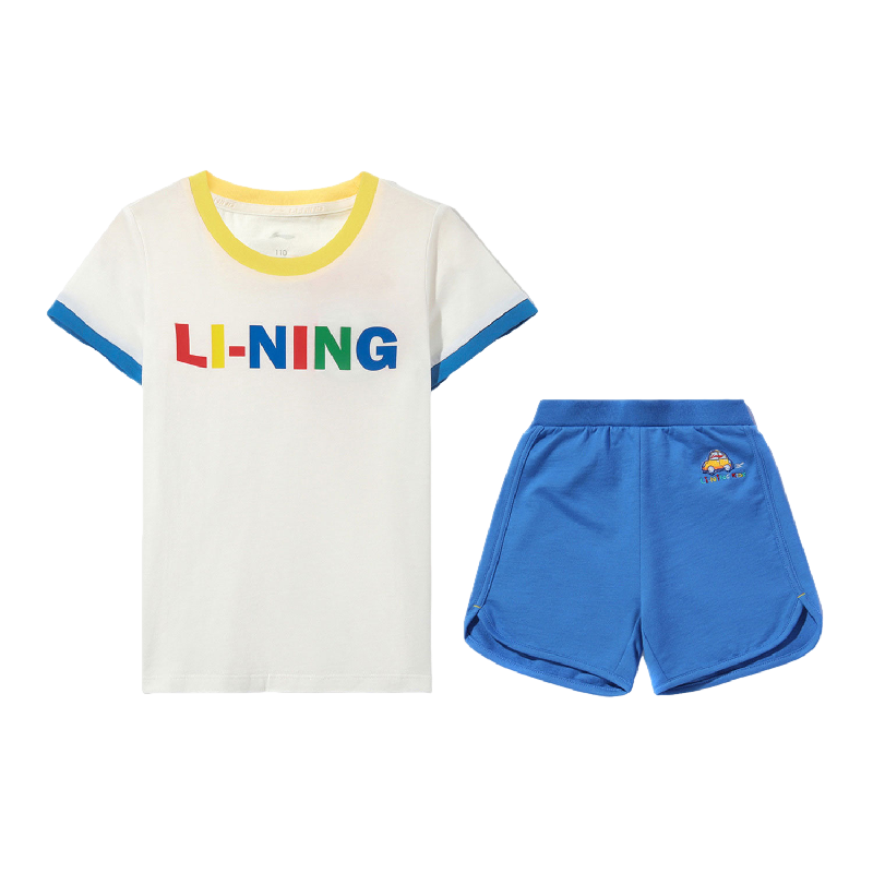 李宁正品男女小童潮流生活系列撞色螺纹圆领套装夏新款YWBQ017