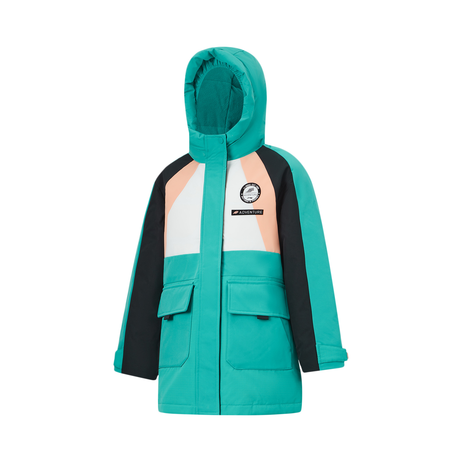 李宁正品户外系列女大童宽松时尚拼色中长款连帽羽绒服YYMT016