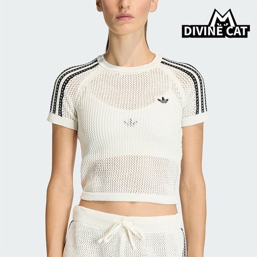 Adidas/阿迪达斯正品三叶草女士条纹针织镂空修身短款T恤KE0200