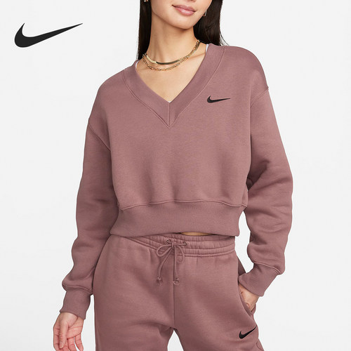 Nike/耐克正品春季新款女士V领加绒休闲套头卫衣FN3652-208