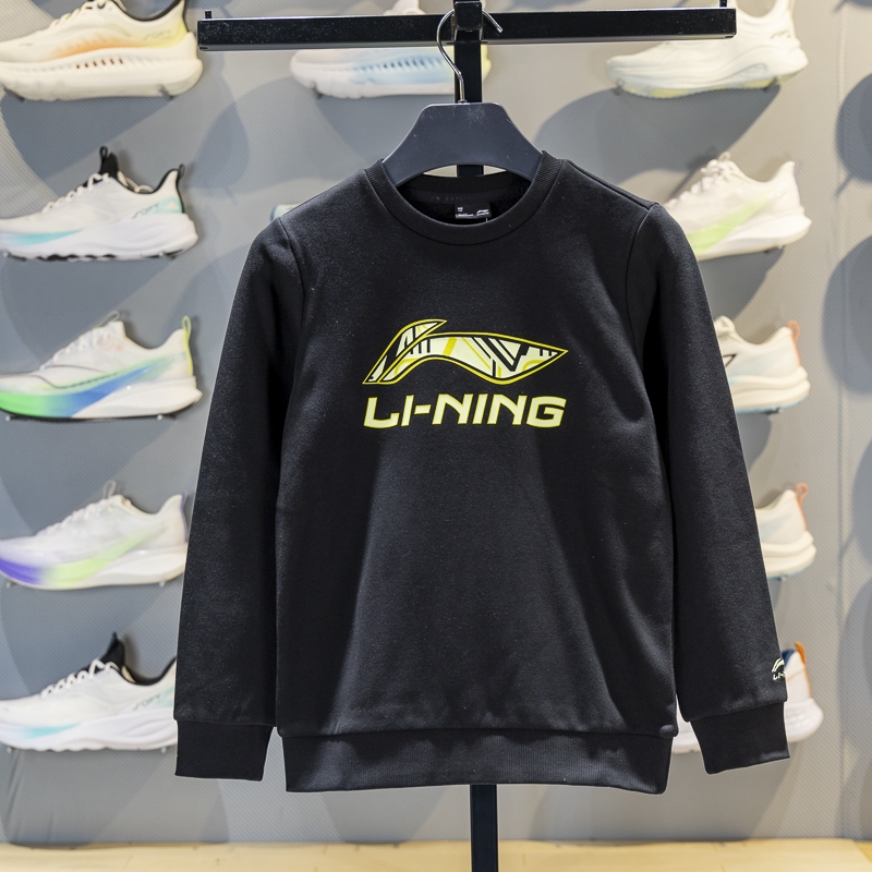 李宁正品2025秋季男大童logo印花经典圆领保暖针织卫衣YWDV667-2
