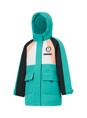 李宁正品户外系列女大童宽松时尚拼色中长款连帽羽绒服YYMT016