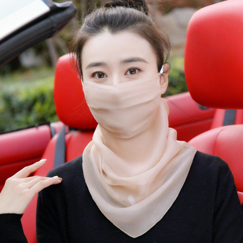 100%桑蚕丝防晒口罩女防紫外线护颈面罩真丝面纱遮脸丝巾开车薄款