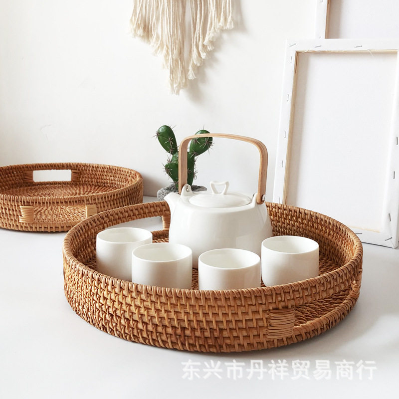 越南手工藤草编圆形提手果篮
