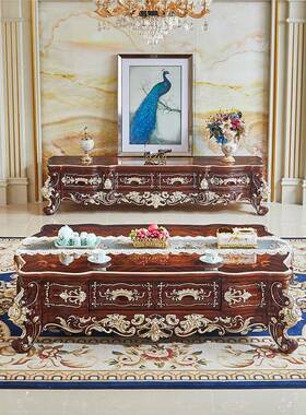 22几5新款欧式豪华实木茶几酸枝红漆色烤奢A988#华别墅雕花茶客厅