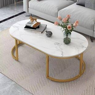 奶油风仿理石茶几简约厅小大户型家用轻HIL小圆桌现代客奢边几桌