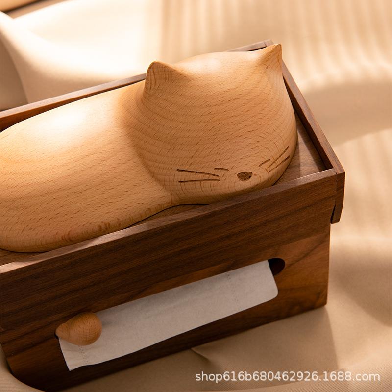 猫咪卡通质纸抽盒0420摆件质胡桃木纸巾木实盒木抽纸盒收纳木收纳