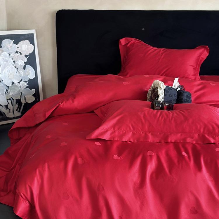 高端婚庆结S婚100长被绒棉四件套提花贡喜缎轻奢红色庆床单YOC套