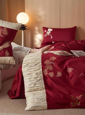 舒尊QOF||毛婚庆高奢100S全棉磨四件客套秋冬刺绣季红色结婚喜庆