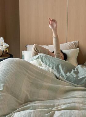 A类母婴亲舒棉适皱纱全肤水洗棉套四件双层纱柔软绿色26123大条纹