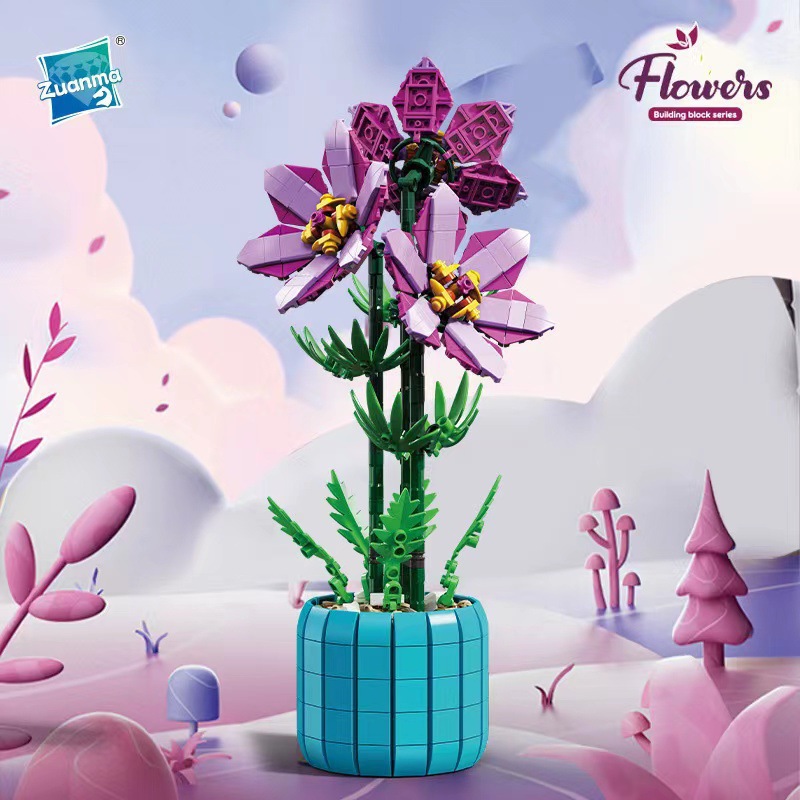 钻马101-8热销小颗粒积木花朵多肉盆栽居家摆件装饰插花拼装