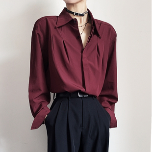 男女2026春秋休闲百搭酒红衬衣 衬衫 LNCR林下美式 复古设计捏遮长袖