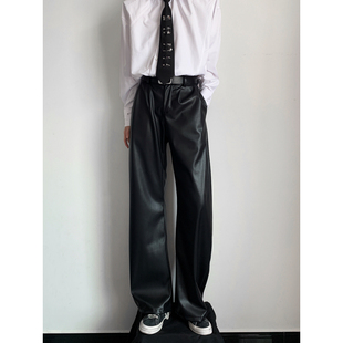 男女潮牌宽松直筒阔腿质感休闲长裤 LNCR林下美式 复古设计黑色皮裤