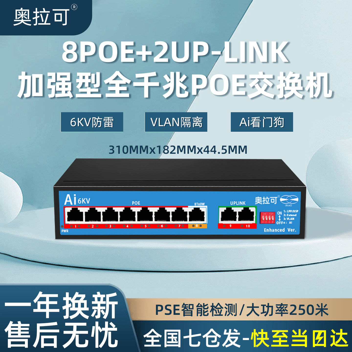 奥拉可大功率POE交换机百兆千兆4+2/8+2加强型防雷6KV单网口BT60W传输250米ai智能检测Vlan隔离6口10口交换机