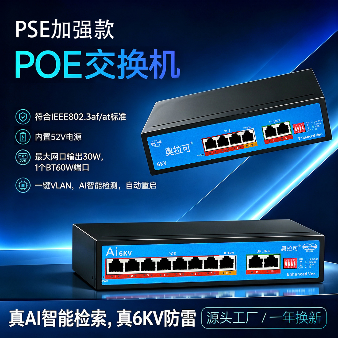 奥拉可大功率POE交换机百兆千兆4+2/8+2加强型防雷6KV单网口BT60W传输250米ai智能检测Vlan隔离6口10口交换机