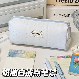 简约奶油白波点面包笔袋初高中女生ins风高颜值大容量多层文具袋