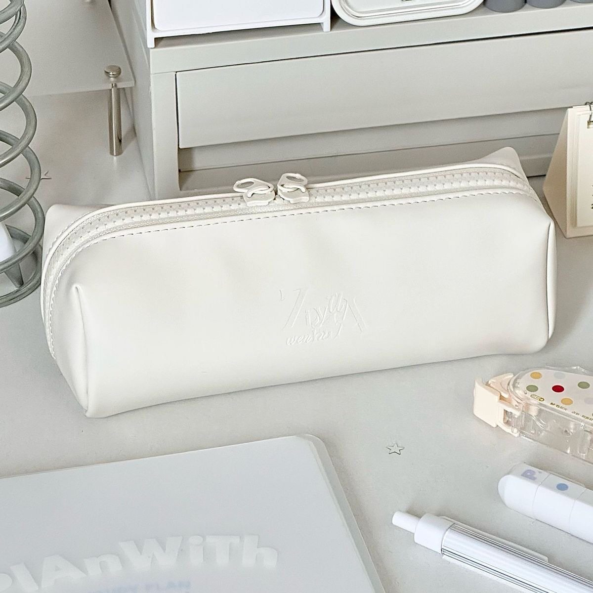 ins风奶油白皮质印花笔袋女生简约高颜值大容量防水铅笔盒文具袋