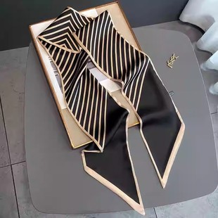 飘带绑包 夏季 黑白条纹2025新款 高级感长条形小丝巾女细窄搭配衬衫