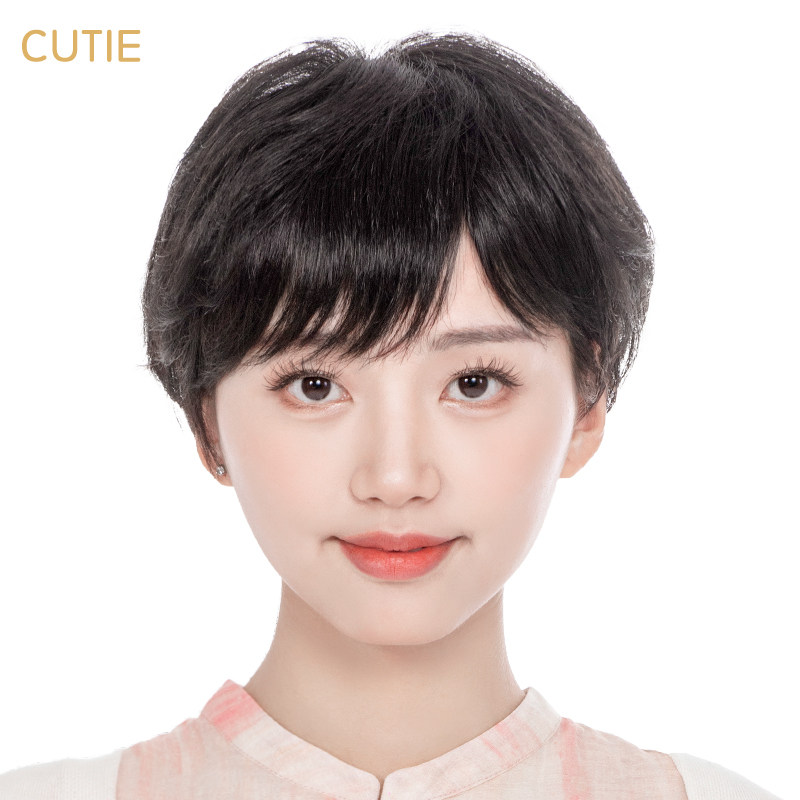 娇滴滴假发 女生微卷短发 手织顶心真人发丝短直发妈妈假发套自然