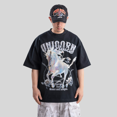 JuiceUnicorn2025重磅纯棉落肩短袖男女宽松独角兽玫瑰链美式潮牌