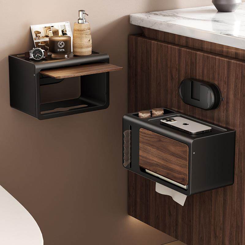 免打孔胡桃木纹卫生间纸巾盒置物架防水洗手间壁挂带盖纸巾盒