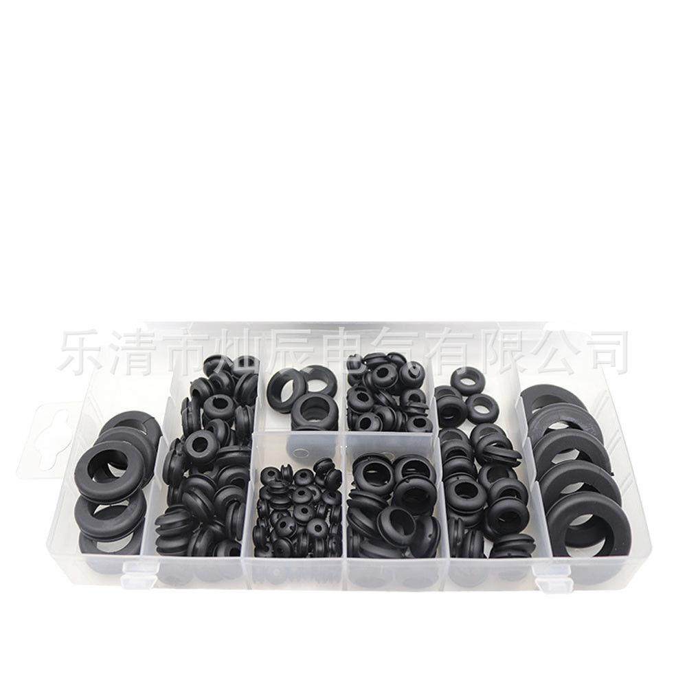 橡胶护线圈180PCS盒装橡胶护线环黑色密封橡胶圈o型橡胶垫圈组合