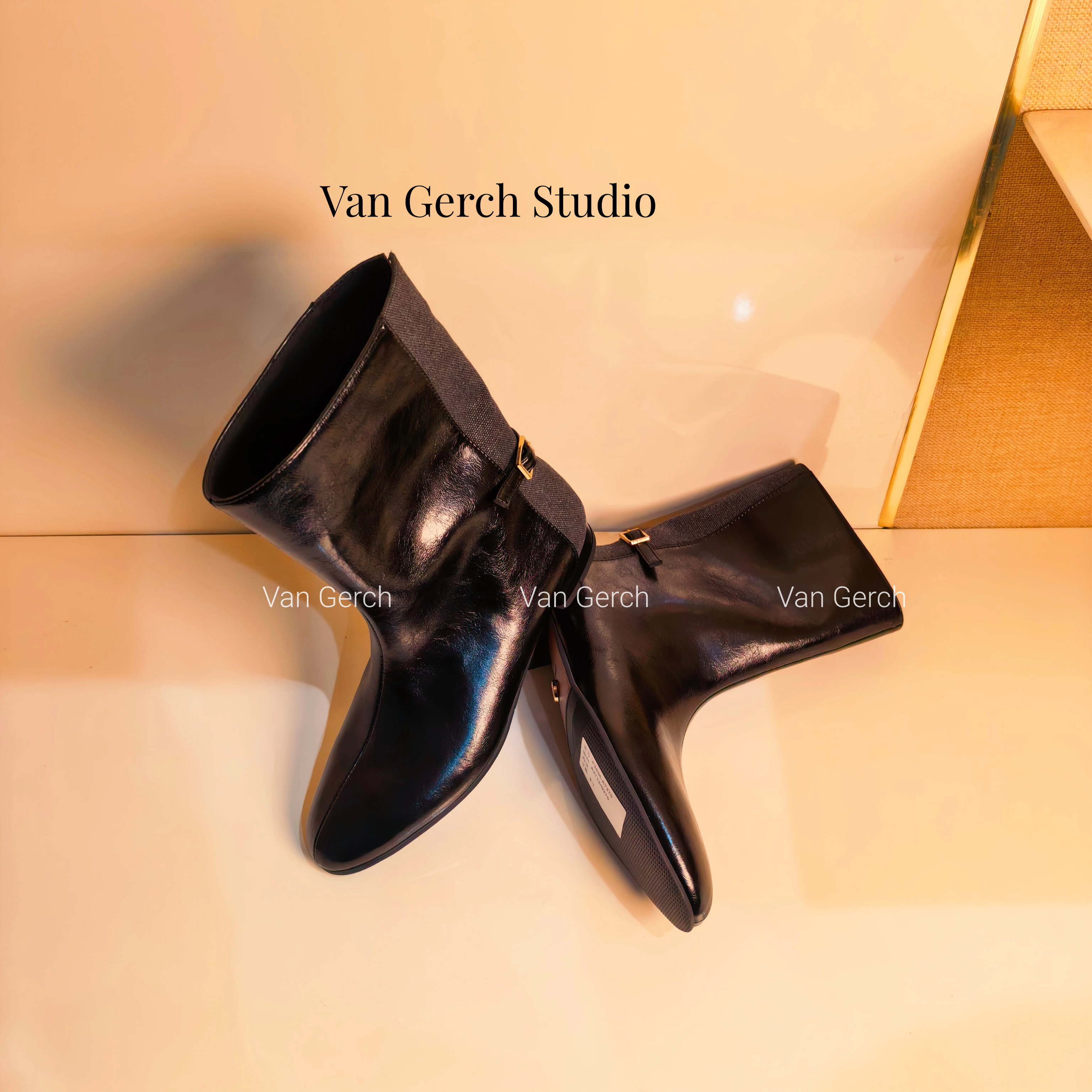 Van Gerch/范戈希跟2CM牛皮帆布英伦风复古粗跟经典筒靴百搭短靴