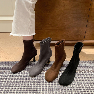 范戈希跟高7CM短靴磨砂高跟显瘦细跟弹力靴圆头拉链女靴买1赠3