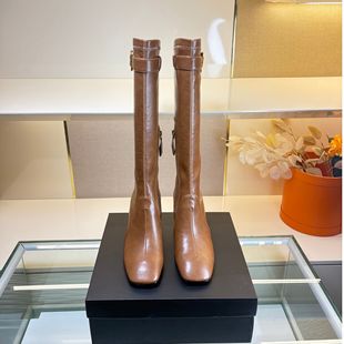 范戈希跟6cm牛皮复古港风粗跟侧拉链气质长靴方头百搭短靴买1赠3