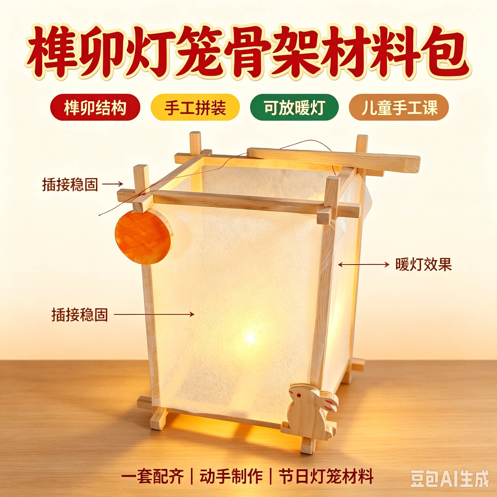 榫卯灯笼diy材料 儿童手工创意制作古风花灯传统榫卯夜灯套装